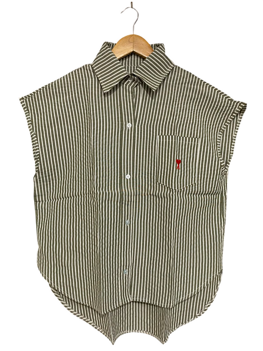 |M| BUST 21| A38| OLIVE & WHITE STRIPED SLEEVELESS BUTTON-DOWN SHIRT