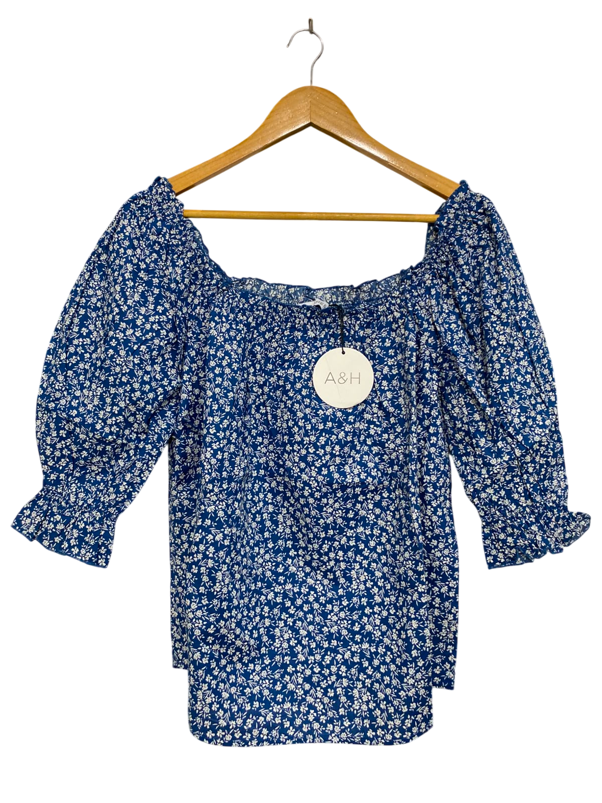 ATMOS & HERE |M| BUST 19| A38| ROYAL BLUE & WHITE FLORAL SQUARE-NECK PUFF-SLEEVE BLOUSE