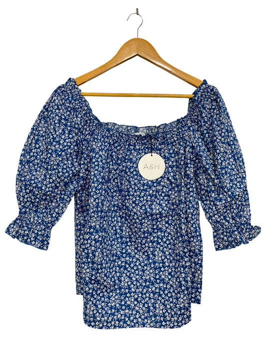 ATMOS & HERE |M| BUST 19| A38| ROYAL BLUE & WHITE FLORAL SQUARE-NECK PUFF-SLEEVE BLOUSE