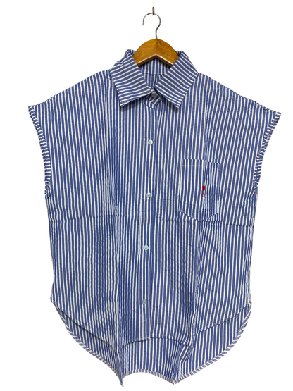 |M| BUST 22| A38| BLUE & WHITE STRIPED SLEEVELESS BUTTON-DOWN SHIRT