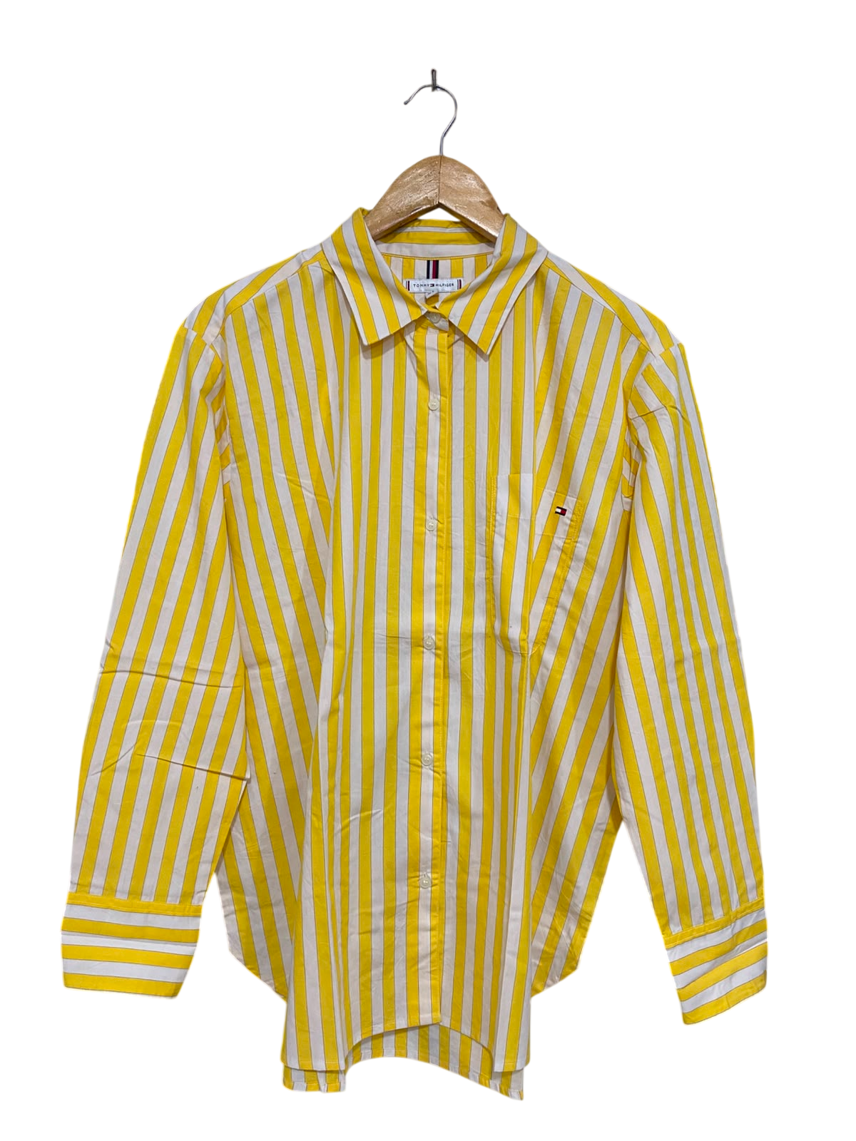 TOMMY HILFIGER |M| BUST 23| A38| YELLOW & WHITE STRIPED LONG-SLEEVE BUTTON-DOWN SHIRT