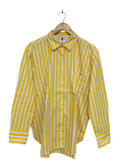 TOMMY HILFIGER |M| BUST 23| A38| YELLOW & WHITE STRIPED LONG-SLEEVE BUTTON-DOWN SHIRT