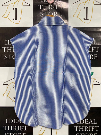 |M| BUST 22| A38| BLUE & WHITE STRIPED SLEEVELESS BUTTON-DOWN SHIRT