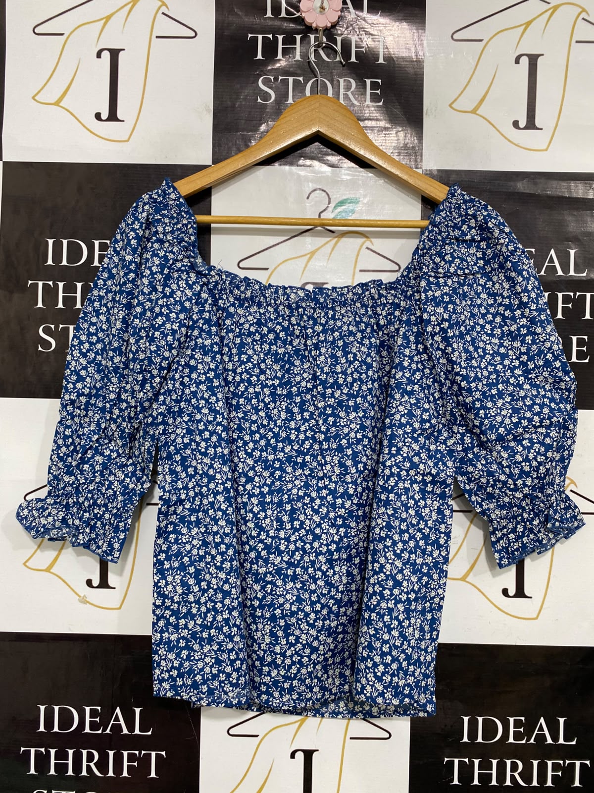 ATMOS & HERE |M| BUST 19| A38| ROYAL BLUE & WHITE FLORAL SQUARE-NECK PUFF-SLEEVE BLOUSE