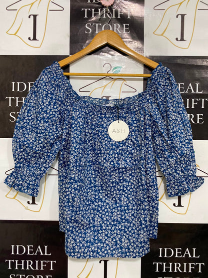 ATMOS & HERE |M| BUST 19| A38| ROYAL BLUE & WHITE FLORAL SQUARE-NECK PUFF-SLEEVE BLOUSE