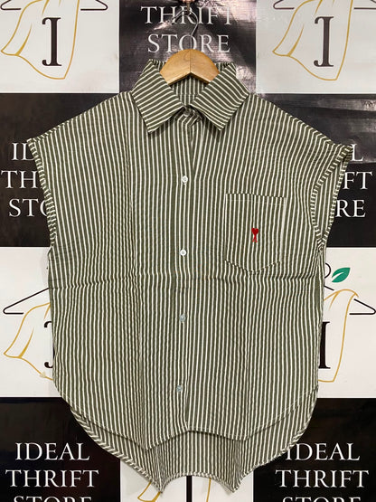 |M| BUST 21| A38| OLIVE & WHITE STRIPED SLEEVELESS BUTTON-DOWN SHIRT