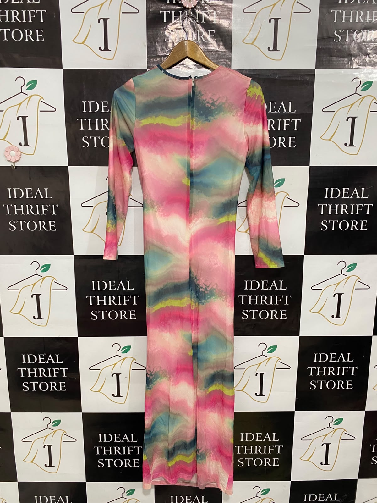 |S| BUST 15| A38| MULTICOLOR ABSTRACT TIE-DYE RUFFLED LONG-SLEEVE MAXI DRESS