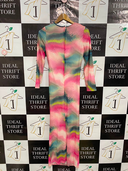 |S| BUST 15| A38| MULTICOLOR ABSTRACT TIE-DYE RUFFLED LONG-SLEEVE MAXI DRESS