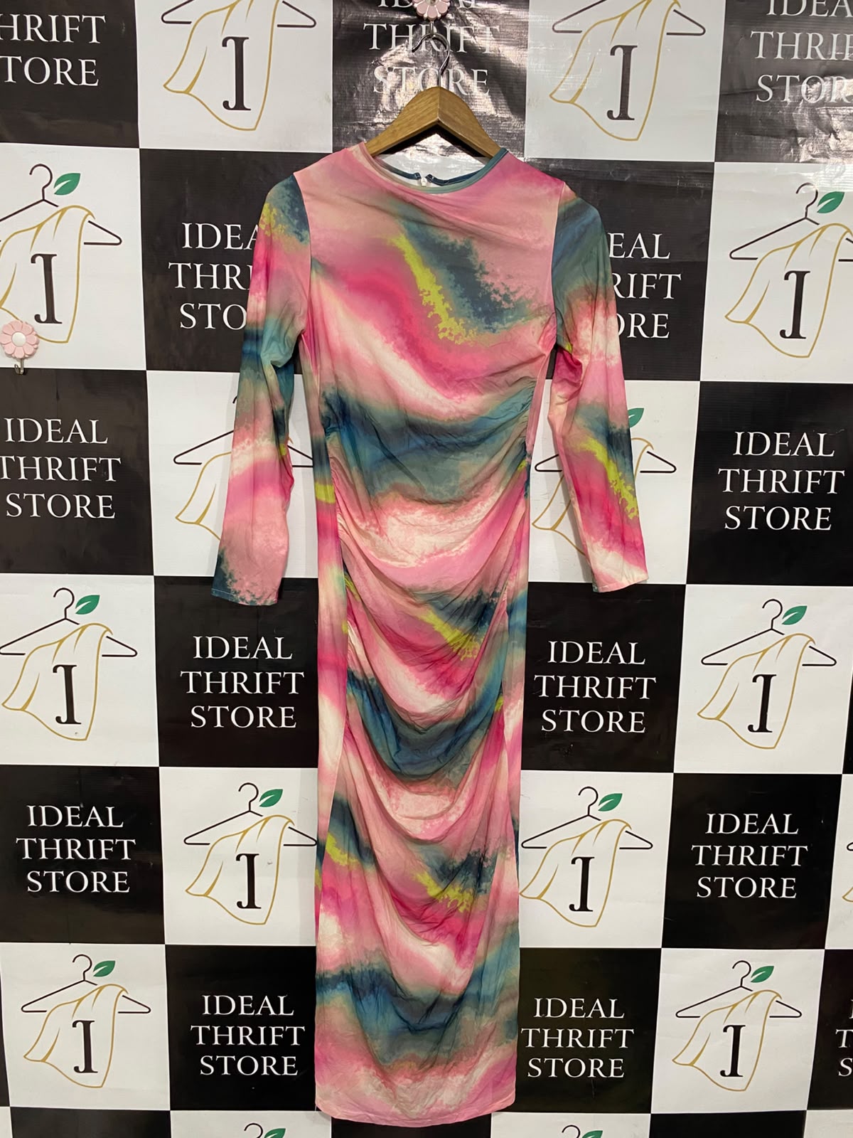 |S| BUST 15| A38| MULTICOLOR ABSTRACT TIE-DYE RUFFLED LONG-SLEEVE MAXI DRESS