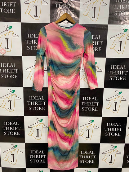 |S| BUST 15| A38| MULTICOLOR ABSTRACT TIE-DYE RUFFLED LONG-SLEEVE MAXI DRESS