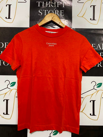 CALVIN KLEIN JEANS |XS| BUST 16 | A38| VIBRANT ORANGE LOGO T-SHIRT