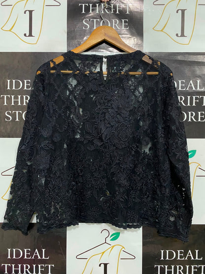 KHAADI |M| BUST 19| A38| BLACK FLORAL EMBROIDERED SHEER LACE LONG-SLEEVE TOP