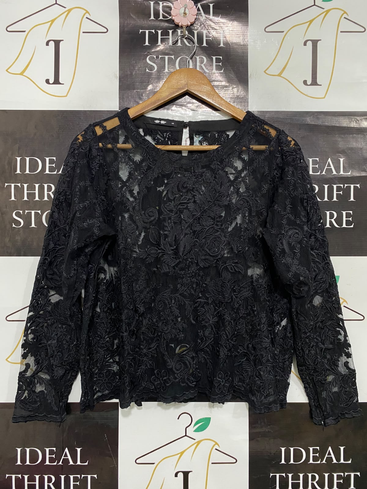 KHAADI |M| BUST 19| A38| BLACK FLORAL EMBROIDERED SHEER LACE LONG-SLEEVE TOP