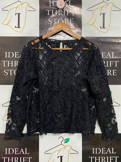KHAADI |M| BUST 19| A38| BLACK FLORAL EMBROIDERED SHEER LACE LONG-SLEEVE TOP