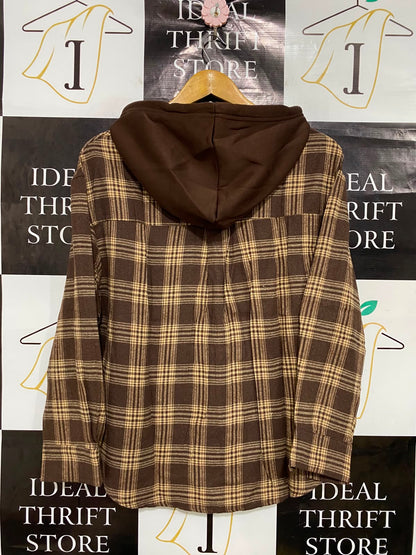 SHEIN |XS| BUST 21| A38| BROWN PLAID HOODED BUTTON-DOWN FLANNEL SHIRT