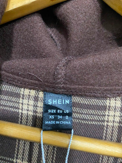 SHEIN |XS| BUST 21| A38| BROWN PLAID HOODED BUTTON-DOWN FLANNEL SHIRT