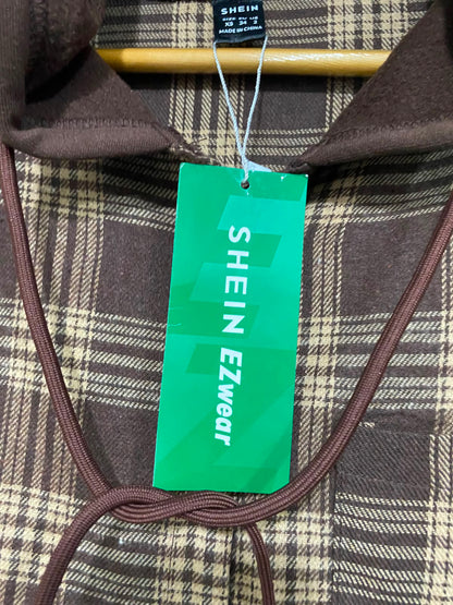 SHEIN |XS| BUST 21| A38| BROWN PLAID HOODED BUTTON-DOWN FLANNEL SHIRT