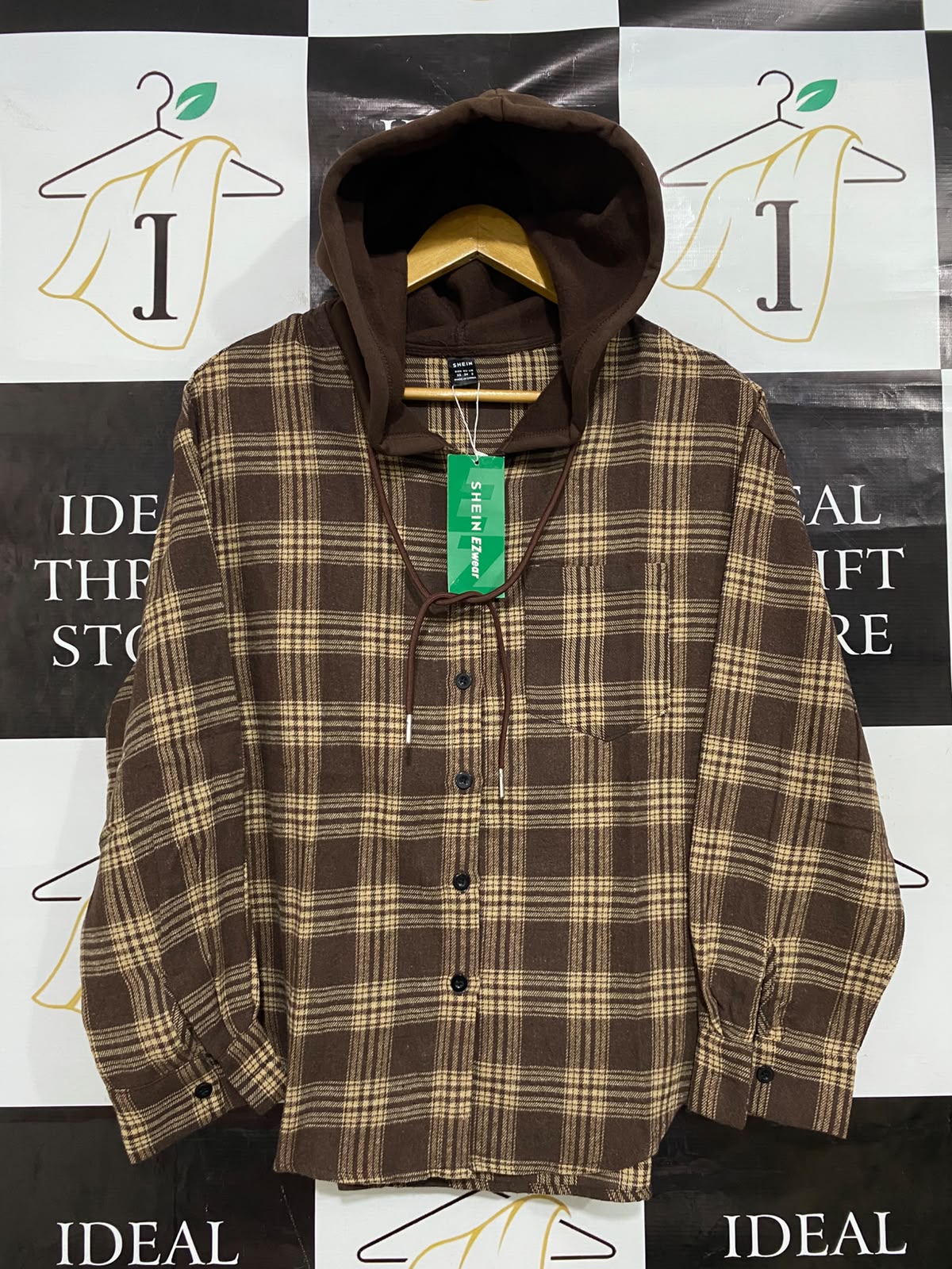 SHEIN |XS| BUST 21| A38| BROWN PLAID HOODED BUTTON-DOWN FLANNEL SHIRT