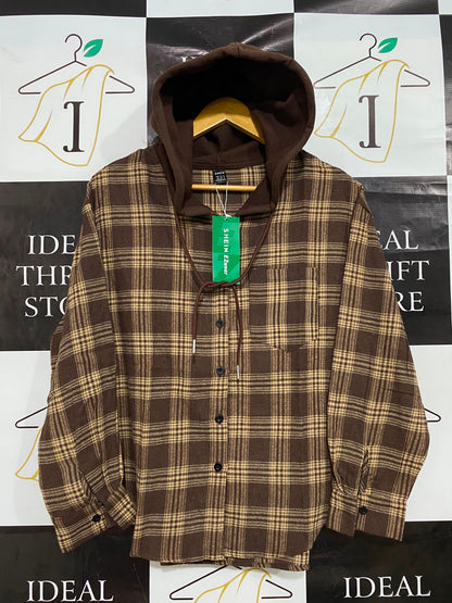 SHEIN |XS| BUST 21| A38| BROWN PLAID HOODED BUTTON-DOWN FLANNEL SHIRT