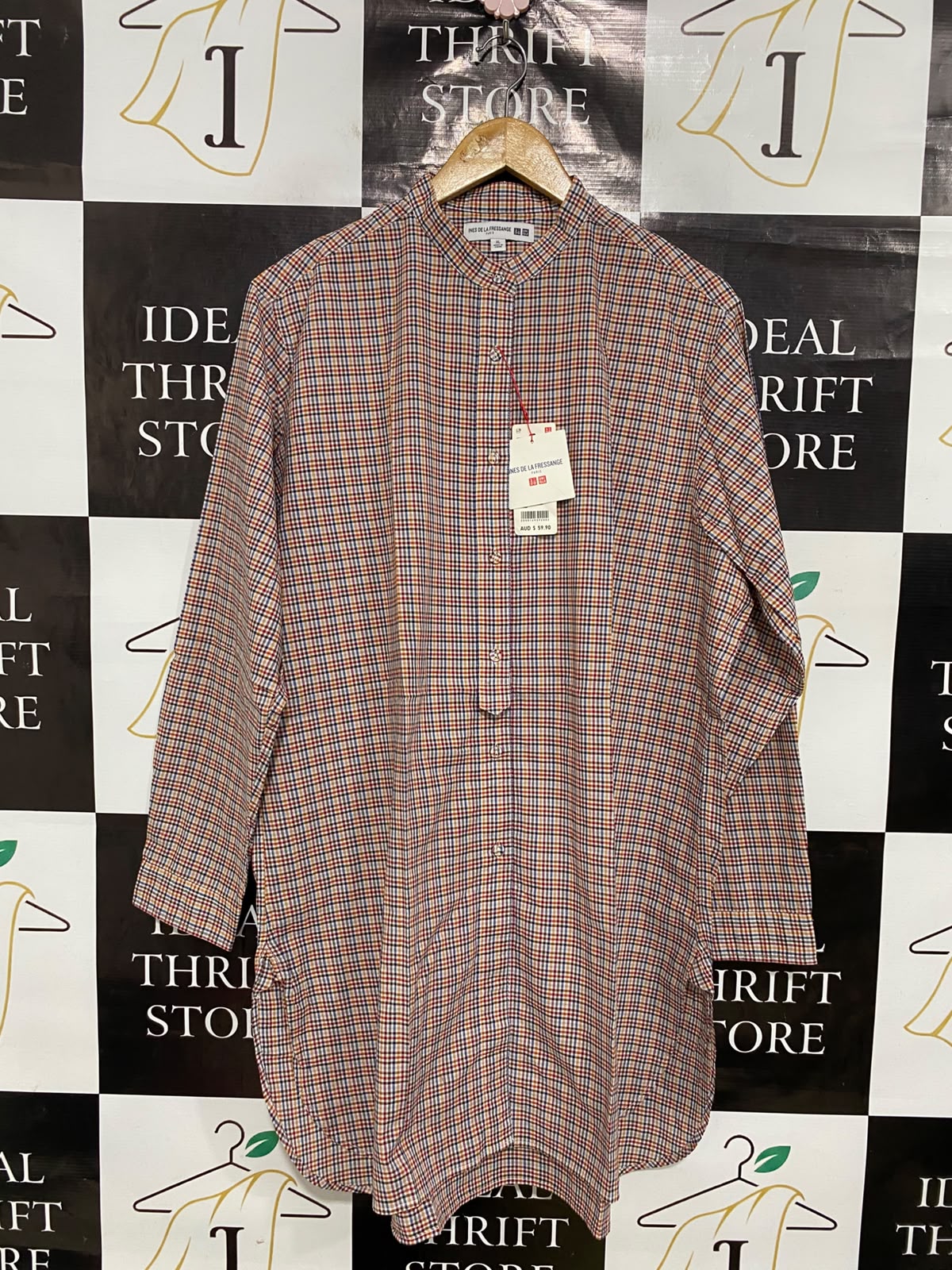 UNIQLO |XL| BUST 24| A38| INES DE LA FRESSANGE PLAID MANDARIN COLLAR TUNIC SHIRT