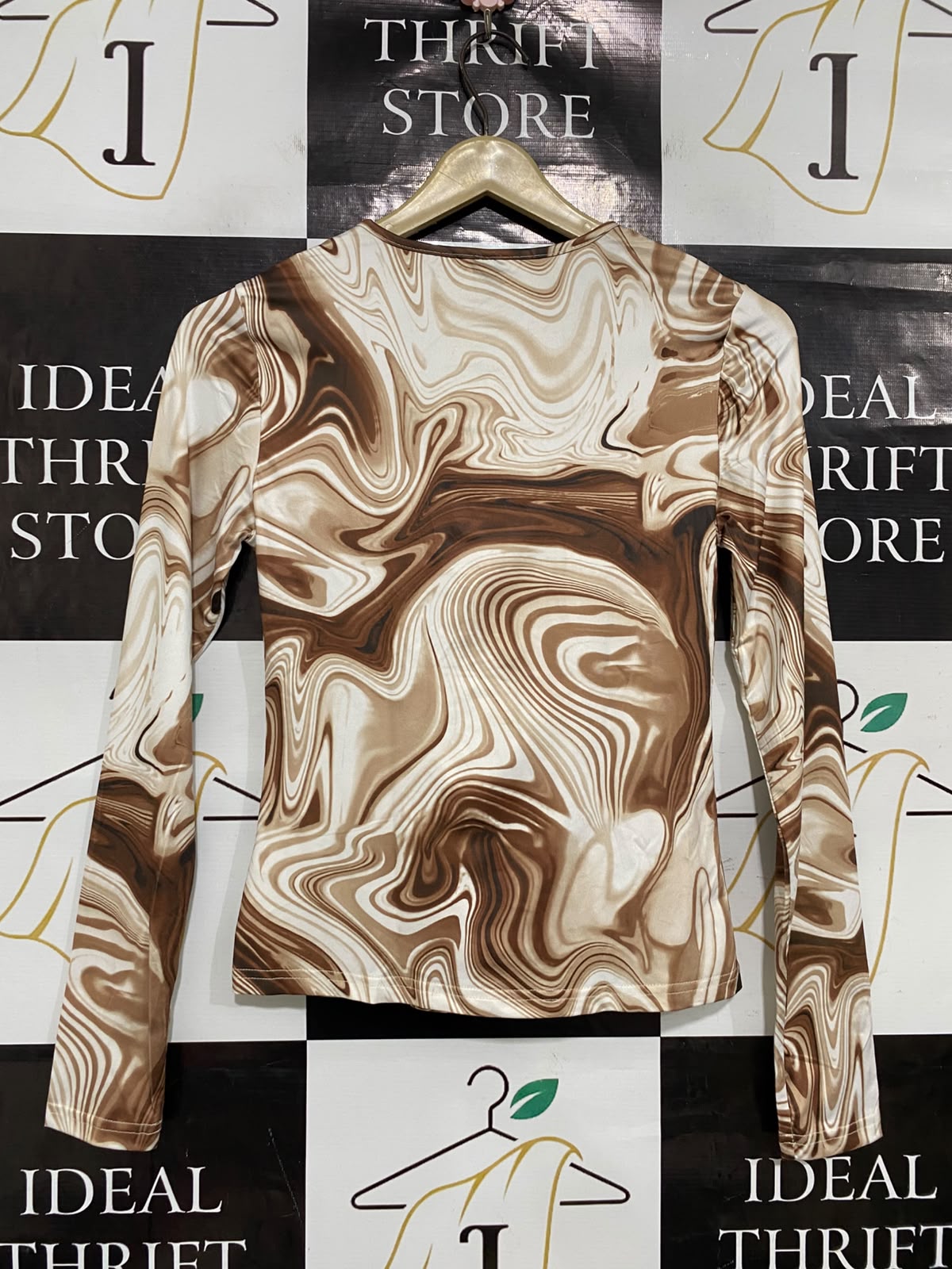 SHEIN |S| BUST 14| A38| BROWN SWIRL MARBLE PRINT CHAIN-DETAIL LONG-SLEEVE TOP