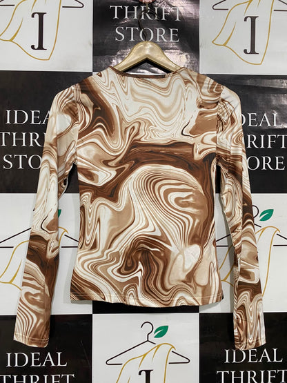 SHEIN |S| BUST 14| A38| BROWN SWIRL MARBLE PRINT CHAIN-DETAIL LONG-SLEEVE TOP
