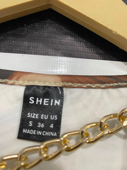 SHEIN |S| BUST 14| A38| BROWN SWIRL MARBLE PRINT CHAIN-DETAIL LONG-SLEEVE TOP