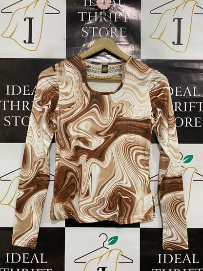 SHEIN |S| BUST 14| A38| BROWN SWIRL MARBLE PRINT CHAIN-DETAIL LONG-SLEEVE TOP