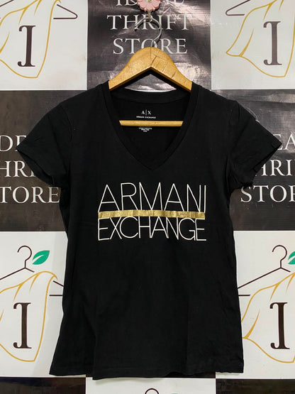 ARMANI EXCHANGE |S| BUST 15| A38| BLACK METALLIC GOLD-ACCENT LOGO V-NECK T-SHIRT