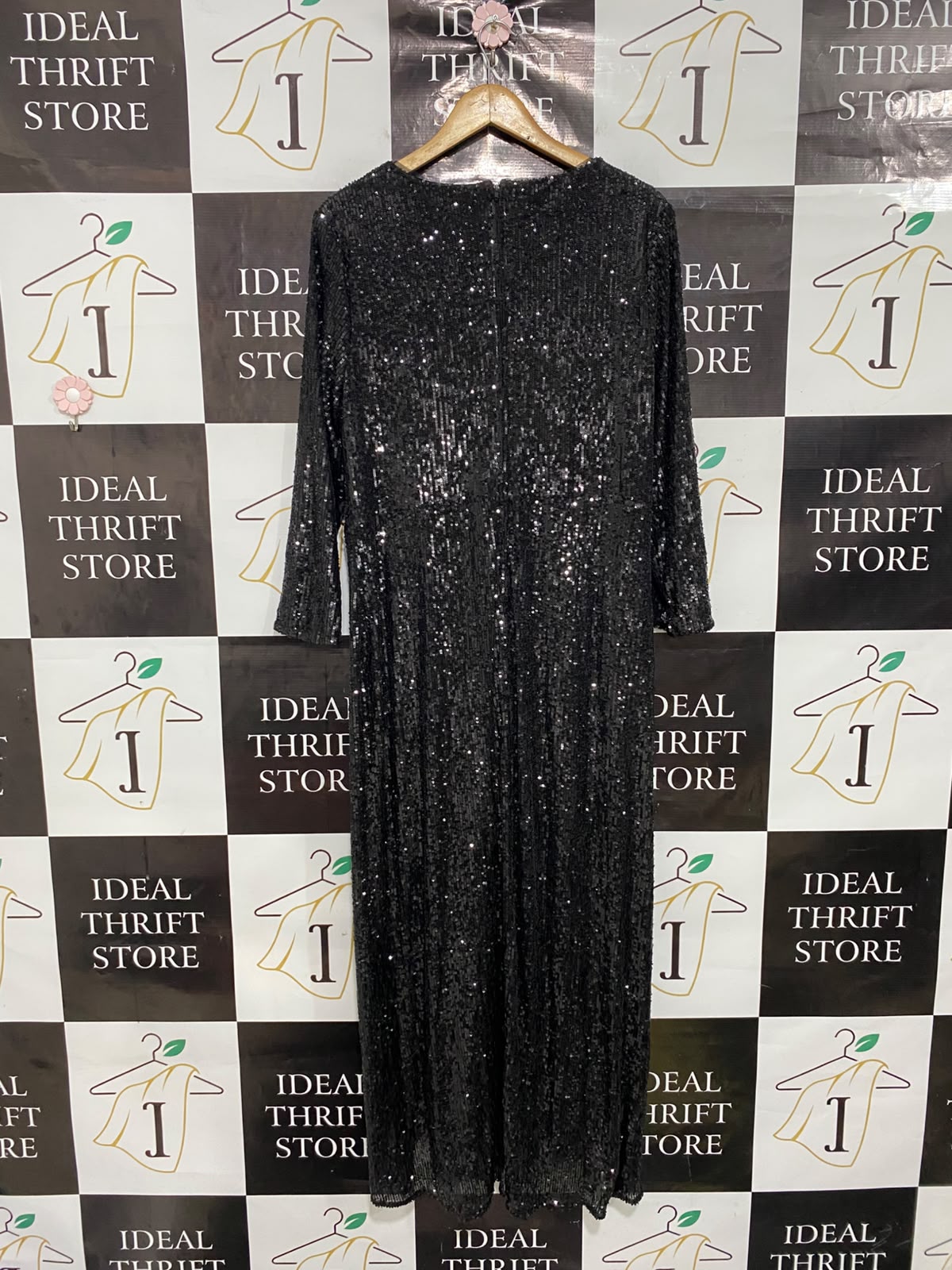 MONTIQUE |M| BUST 19| A38| BLACK SEQUIN WRAP-STYLE LONG-SLEEVE MIDI DRESS