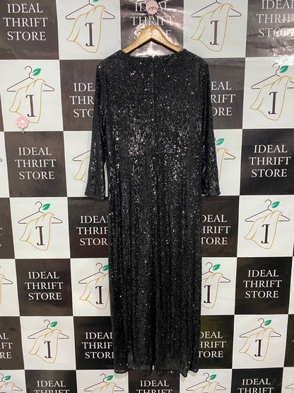 MONTIQUE |M| BUST 19| A38| BLACK SEQUIN WRAP-STYLE LONG-SLEEVE MIDI DRESS