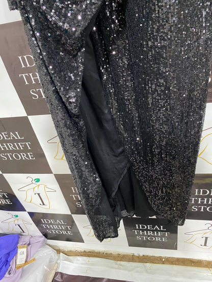 MONTIQUE |M| BUST 19| A38| BLACK SEQUIN WRAP-STYLE LONG-SLEEVE MIDI DRESS