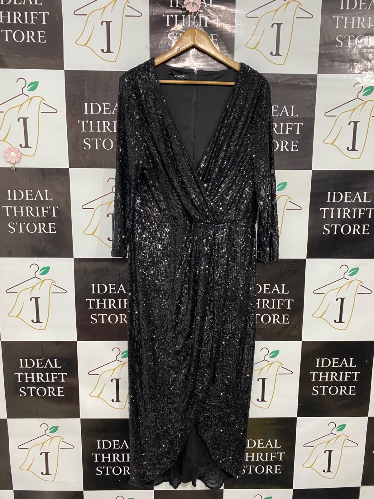 MONTIQUE |M| BUST 19| A38| BLACK SEQUIN WRAP-STYLE LONG-SLEEVE MIDI DRESS