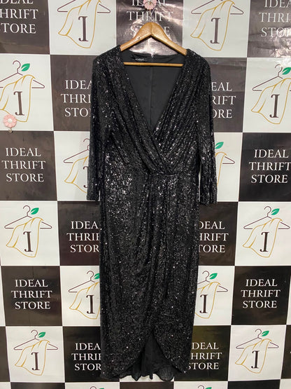 MONTIQUE |M| BUST 19| A38| BLACK SEQUIN WRAP-STYLE LONG-SLEEVE MIDI DRESS