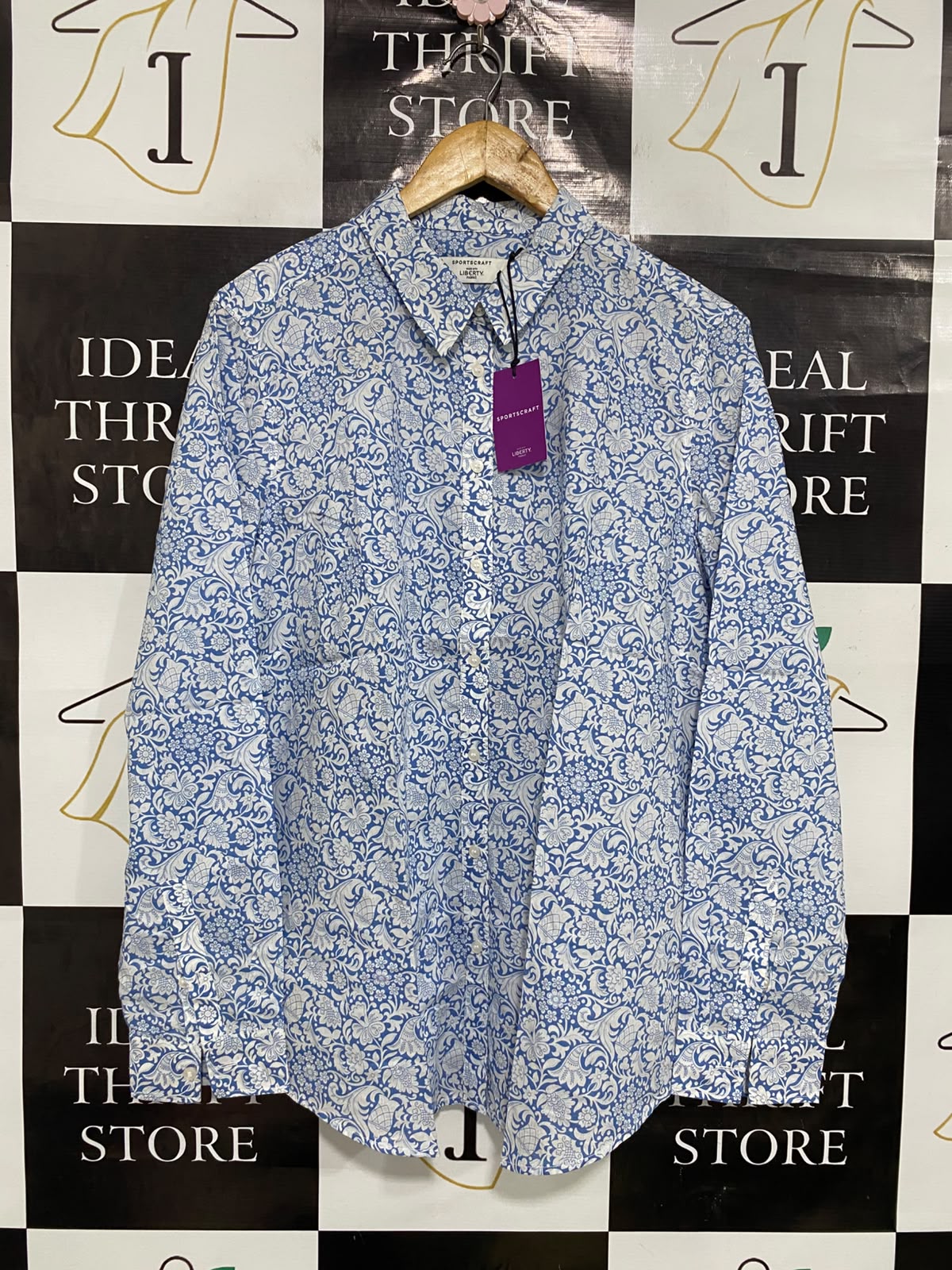 SPORTS CRAFT |M| BUST 22| A38| BLUE & WHITE FLORAL PRINT BUTTON-DOWN LONG-SLEEVE SHIRT