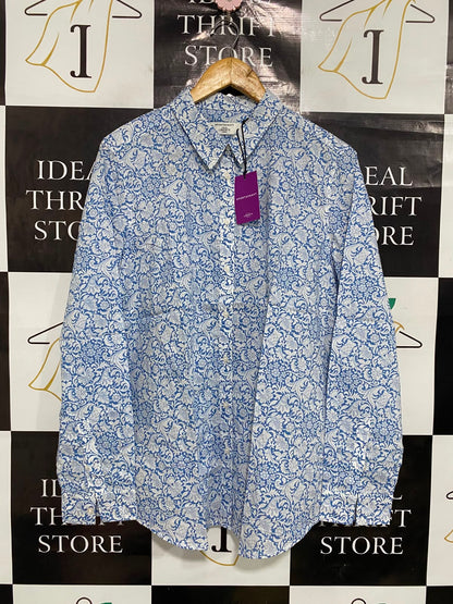 SPORTS CRAFT |M| BUST 22| A38| BLUE & WHITE FLORAL PRINT BUTTON-DOWN LONG-SLEEVE SHIRT