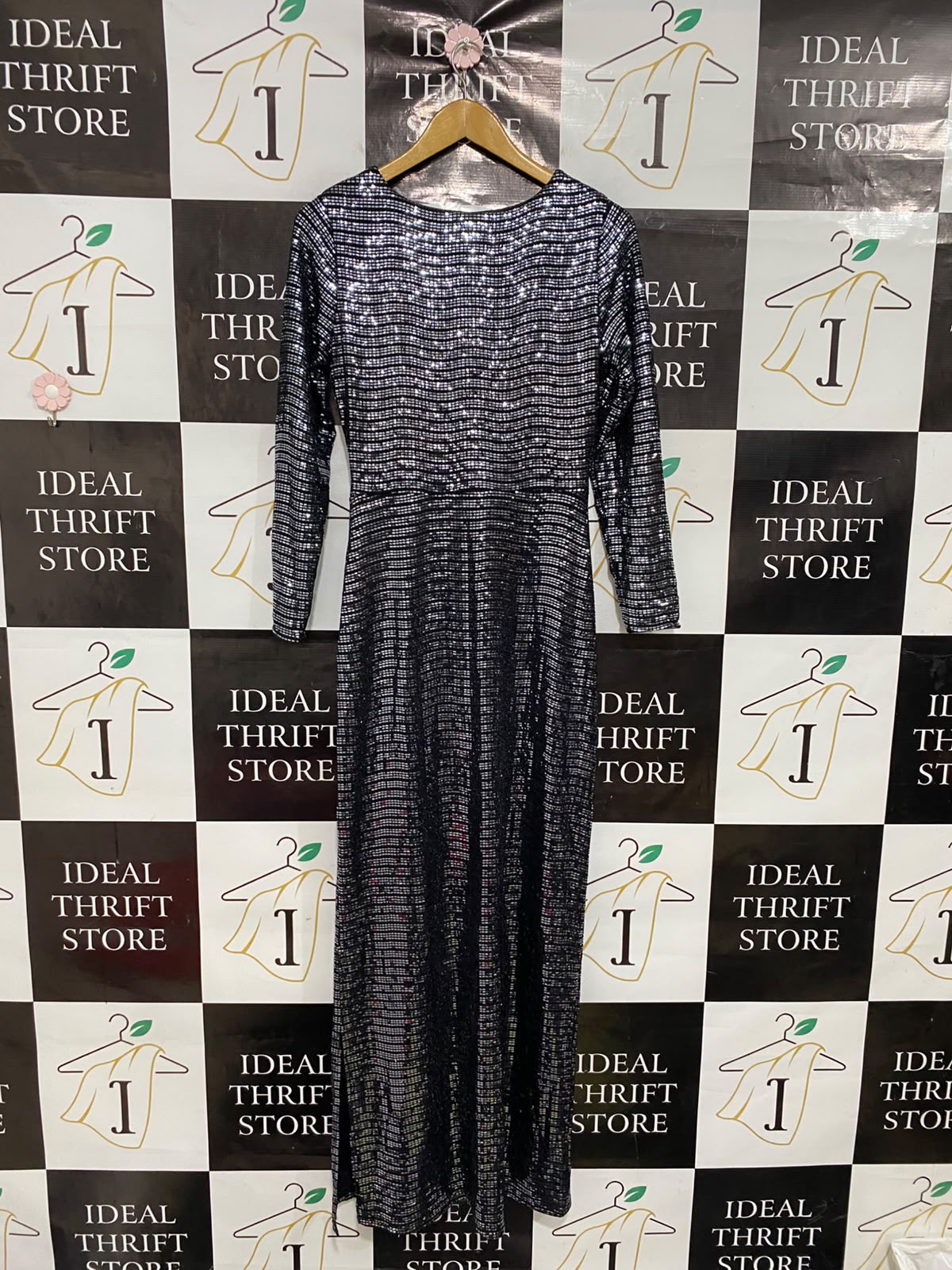 PRINCIPLES |M| BUST 17| A38| BLACK STRIPED SEQUIN KNOT-ACCENT LONG-SLEEVE MAXI DRESS