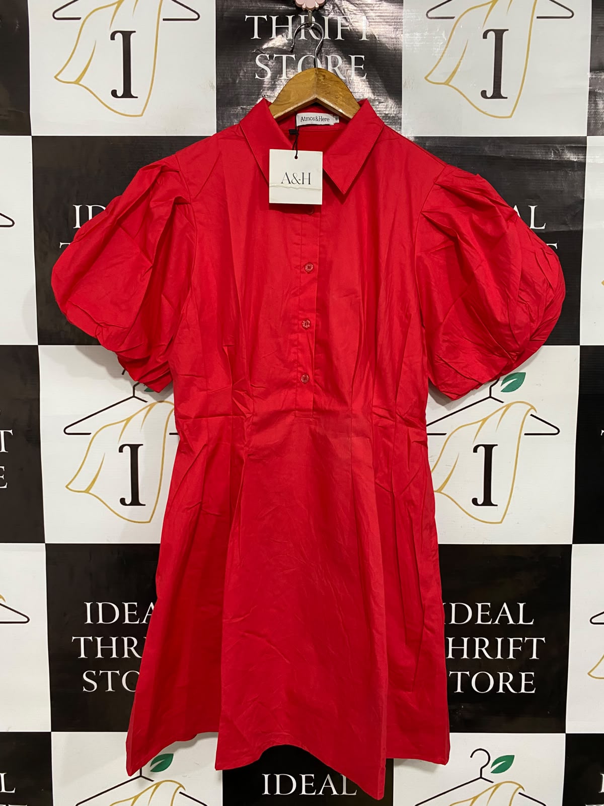 ATMOS & HERE |M| BUST 16| A38| VIBRANT RED PUFF-SLEEVE MINI DRESS