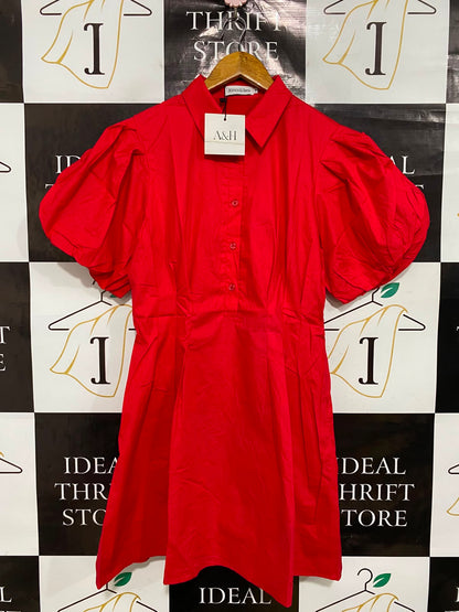 ATMOS & HERE |M| BUST 16| A38| VIBRANT RED PUFF-SLEEVE MINI DRESS