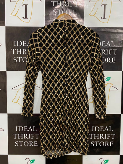 QUIZ |S| BUST 14| A38| BLACK & GOLD LATTICE SEQUIN HIGH-NECK LONG-SLEEVE MINI DRESS
