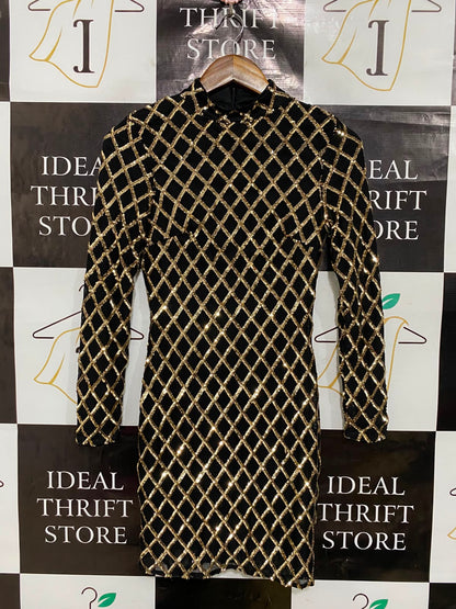 QUIZ |S| BUST 14| A38| BLACK & GOLD LATTICE SEQUIN HIGH-NECK LONG-SLEEVE MINI DRESS