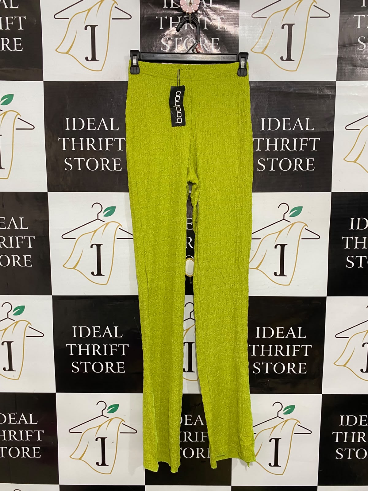 BOOHOO |XS| WAIST 24| A37| LIME GREEN TEXTURED HIGH-WAISTED TROUSERS