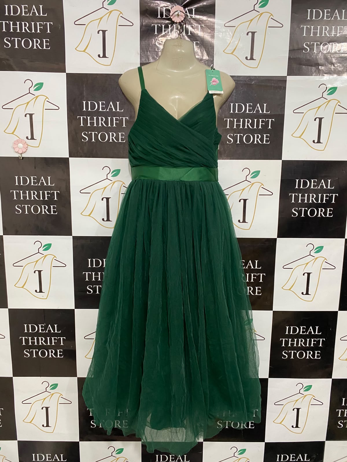 GLAMULICE |S| BUST 17| A37| EMERALD GREEN TULLD SLATE-WAIST MIDI DRESS