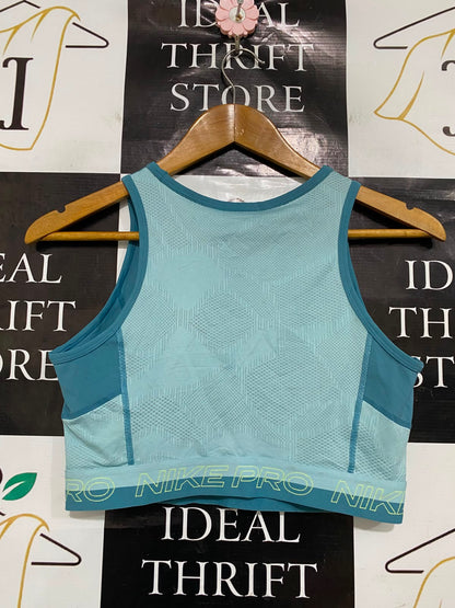 NIKE |M| BUST 15| A37| DUSTY TEAL MESH-PANEL BRANDED CROP TOP SPORTS BRA