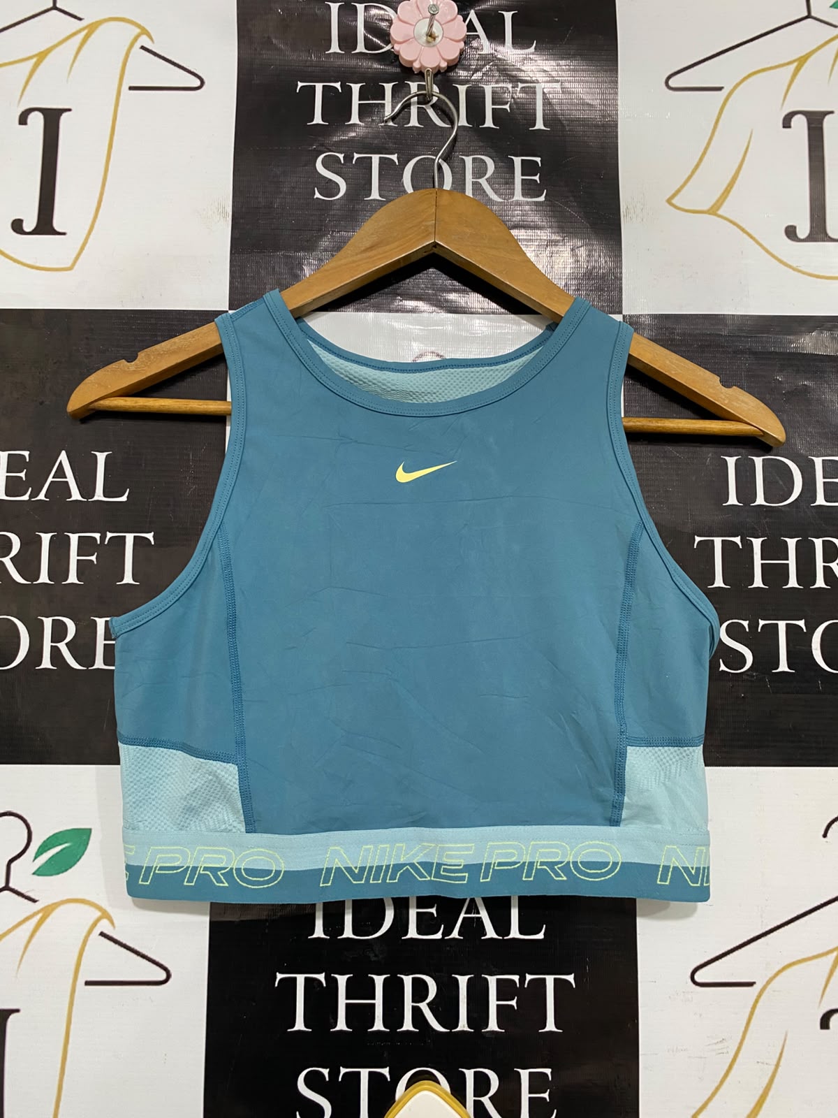 NIKE |M| BUST 15| A37| DUSTY TEAL MESH-PANEL BRANDED CROP TOP SPORTS BRA