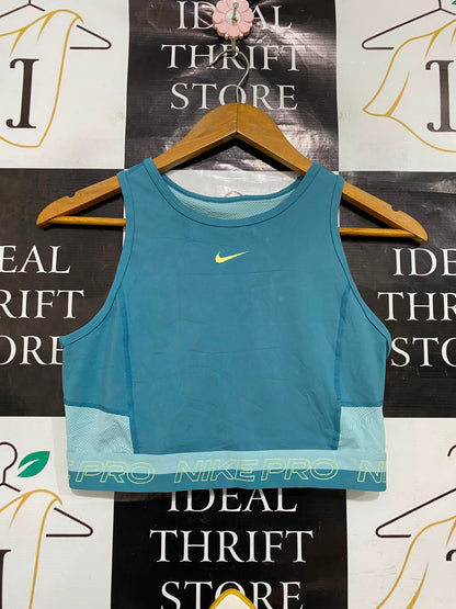 NIKE |M| BUST 15| A37| DUSTY TEAL MESH-PANEL BRANDED CROP TOP SPORTS BRA