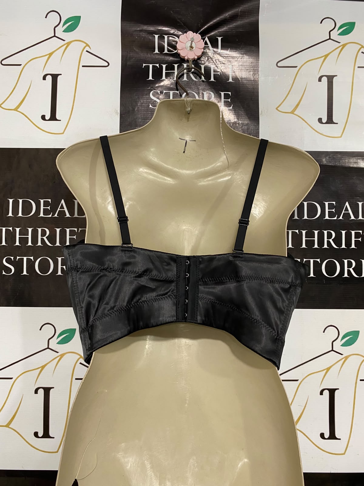 |L| BUST 17| A37| BLACK SATIN 3D FLORAL APPLIQUE & PEARL BEADED CORSET CROP TOP