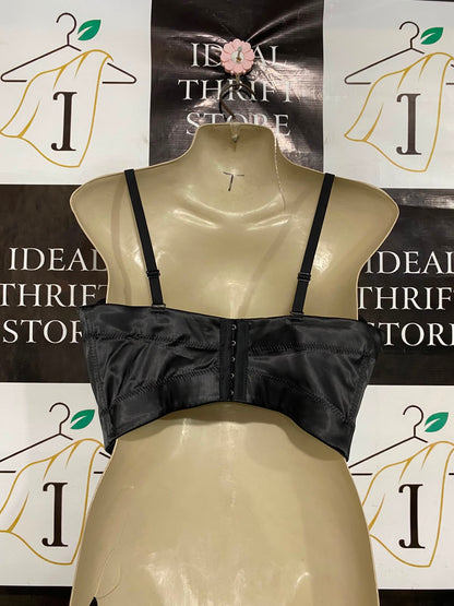 |L| BUST 17| A37| BLACK SATIN 3D FLORAL APPLIQUE & PEARL BEADED CORSET CROP TOP