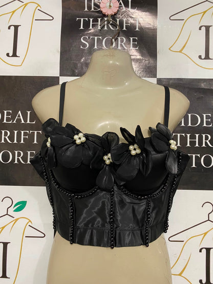 |L| BUST 17| A37| BLACK SATIN 3D FLORAL APPLIQUE & PEARL BEADED CORSET CROP TOP