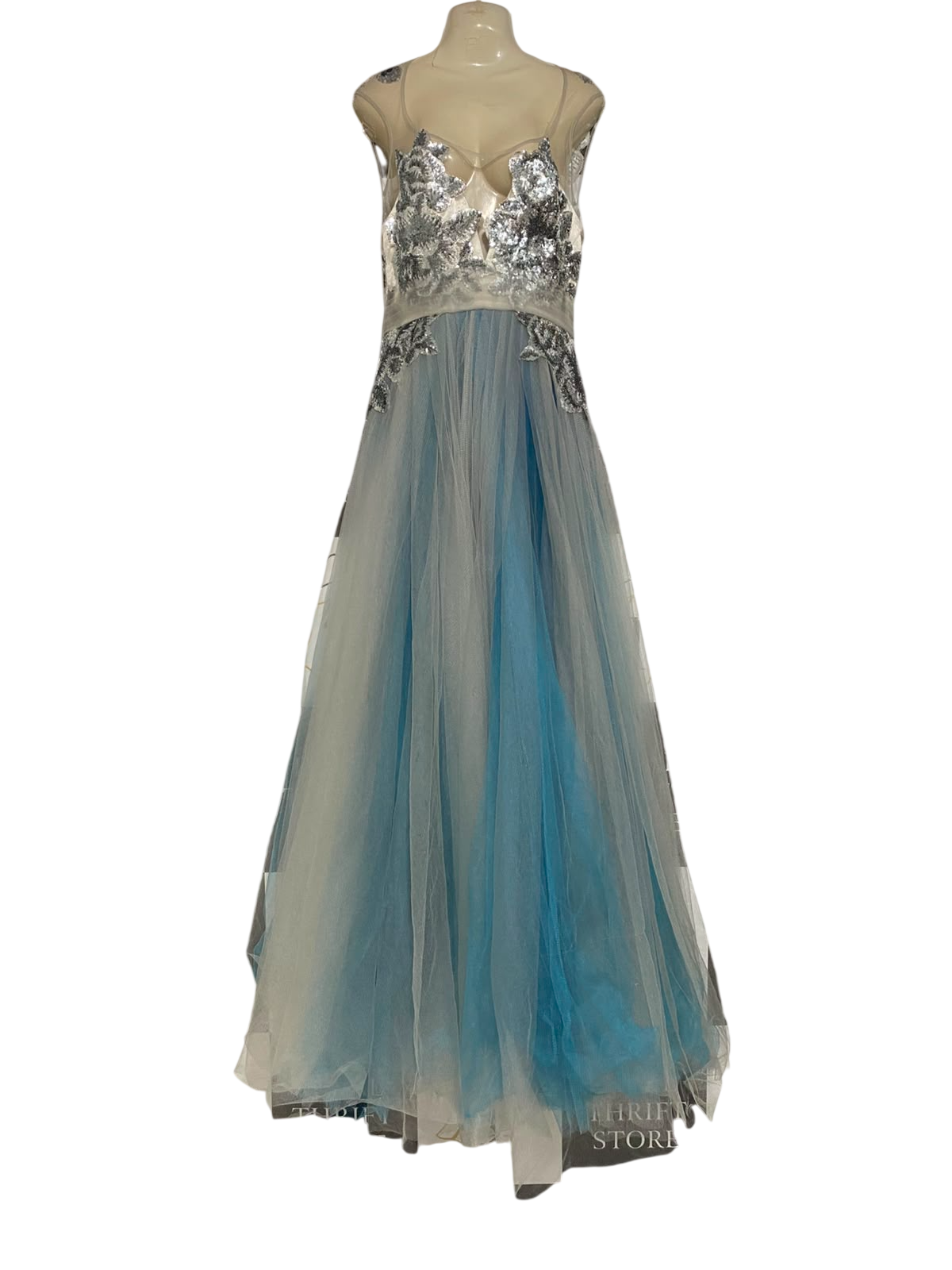 ZELEB |M| BUST 18| A38| ICE BLUE & SILVER SEQUIN EMBELLISHED TULLY EVENING GOWN